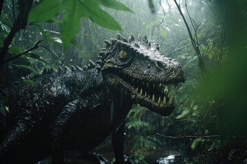 Creepy Dinosaur in Rainy Jungle generative AI