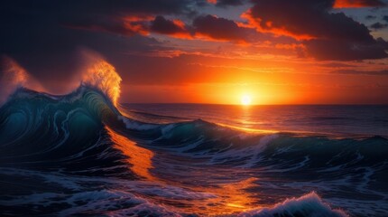 Ocean wave at sunset. Beautiful natural background made with Generative AI