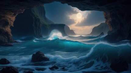 Naklejka premium Fantasy sea landscape with stormy waves in a cave made with Generative AI