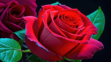 Beautiful red rose on a black background. Close-up made with Generative AI
