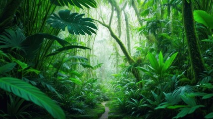 Obraz na płótnie Canvas Tropical rainforest with green trees and plants. Nature background made with Generative AI