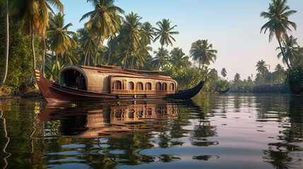 Kerala's Backwaters A Tranquil and Tropical Paradise of Canals Greenery and Houseboats AI Generative - obrazy, fototapety, plakaty