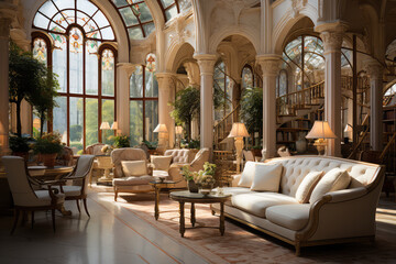 Modern and stylish interior design of a lavish hotel lobby with a touch of luxury and prestige. Created with generative AI technology.