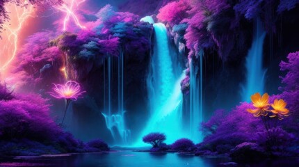 Waterfall and flowers in the forest made with Generative AI