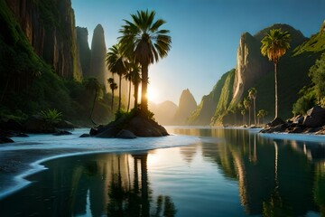 an ancient forest, towering moss-covered stone pillars - AI Generative