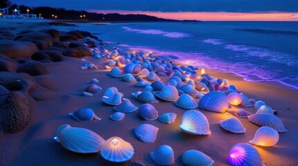 Fototapeta premium Seashells on the beach at sunset made with Generative AI