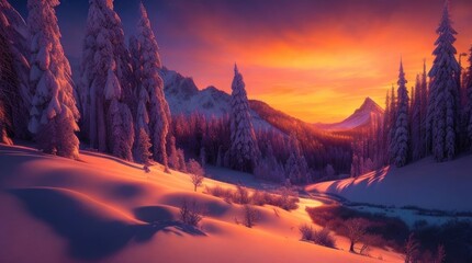 Fantastic winter landscape. Colorful sunset in the mountains made with Generative AI