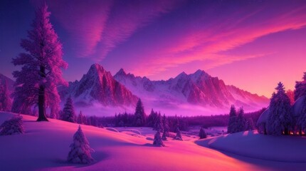 Fantastic winter landscape with snow covered trees and mountains at sunset made with Generative Ai