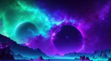 Fantasy alien planet. Mountain and nebula. 3D illustration made with Generative AI