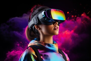 technology metaverse of the future, a young creative woman wearing a virtual reality headset | Generative AI