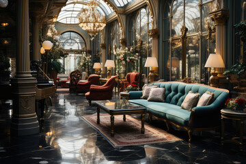 Fototapeta na wymiar Modern and stylish interior design of a lavish hotel lobby with a touch of luxury and prestige. Created with generative AI technology.