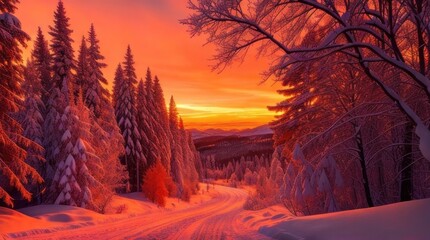 Beautiful winter landscape with snow covered trees and road at sunset made with Generative AI