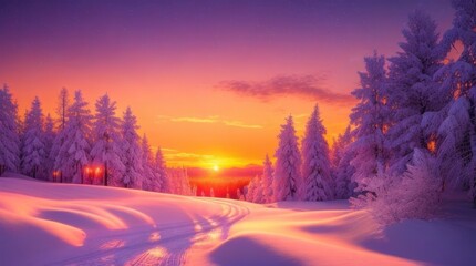 Fantastic winter landscape. Colorful sunset in the mountains made with Generative AI