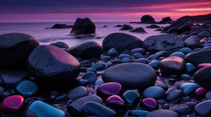 Obraz premium Beautiful seascape with colorful stones on the beach at sunset made with Generative AI