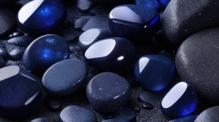 Blue and black pebbles with water drops, closeup view made with Generative AI