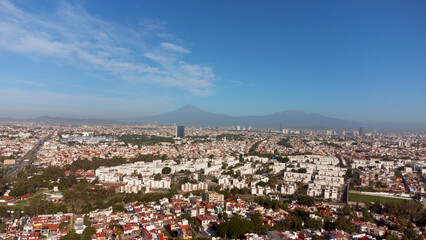 Puebla, Mexico, with a view of the Popocat&eacute;petl and Iztacc&iacute;huatl volcanoes