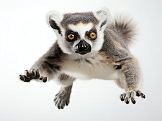 Fototapeta premium Lemur jumping towards the camera on a white background