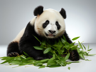 Giant panda eating bamboo on a white background
