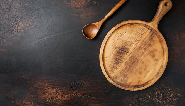 Abstract Food Background. Top View Of Dark Rustic Kitchen Table With Wooden Cutting Board And Cooking Spoon, Frame. Banner Or Template With Copy Space For Your Design. Kitchen Utensils Objects