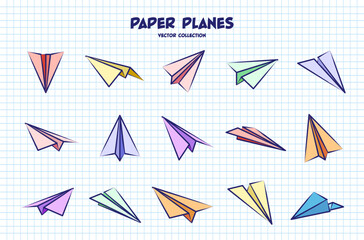 Hand drawn planes on checkered paper sheet. School notebook for drawing. Doodle airplane. Aircraft icon, simple colorful plane silhouettes. Outline, line art. Vector illustration