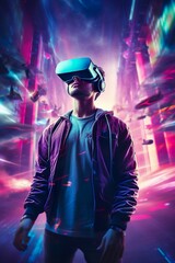 technology metaverse of the future, man wearing a virtual reality headset | Generative AI