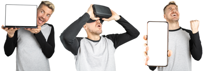 New Technological concept collage set of man holding laptop, phone and virtual reality headset on isolated transparent background with copy space for advertisement