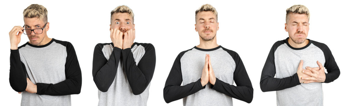Set collage of Caucasian man with suspicious face, horror face, peaceful state of mind and heart attack. Portraits on transparent isolated background