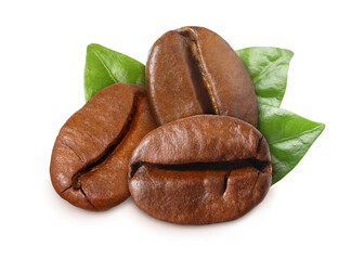 Fresh roasted coffee beans and leaves on white background