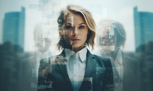 Corporate business woman double exposure portrait with modern city background