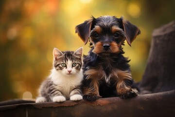 little kitten and puppy. ai generative