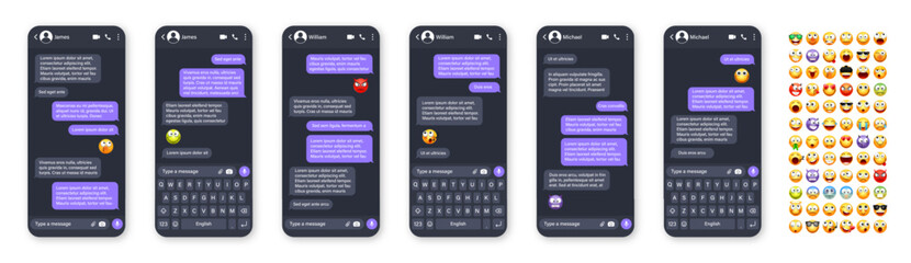 Smartphone messaging app, user interface with emoji. SMS text frame. Chat screen, violet message bubbles. Texting app for communication. Social media application. Dark mode. Vector illustration