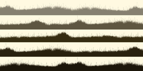 Meadow silhouettes with grass, plants on plain. Panoramic summer lawn landscape with herbs, various weeds. Herbal border, frame element. Brown horizontal banners. Vector illustration