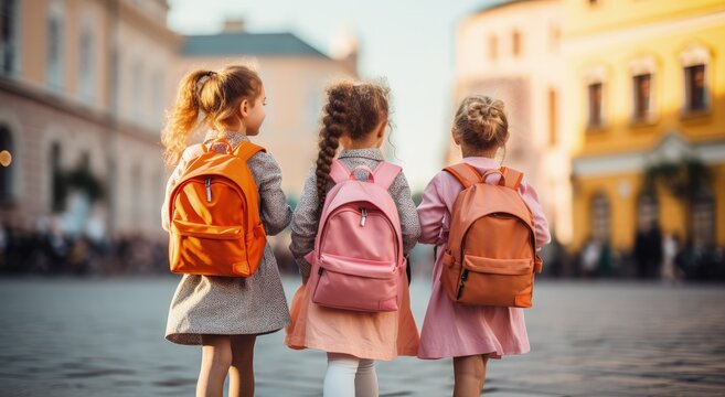 Children with colorful backpacks going to school, studies concept. Generative AI