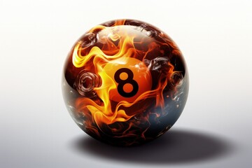 Snooker 8 ball in flames on white background, digital illustration. Generative AI