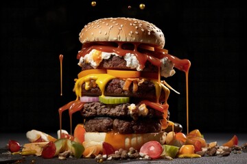 Illustration of a delicious giant burger. Generative AI