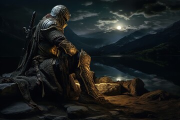 Lone Celtic knight with armor in night scene. Generative AI