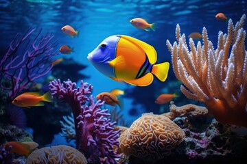 Fototapeta na wymiar Landscape with colorful fish and corals under the sea, marine life. Generative AI
