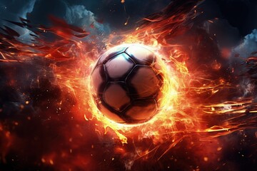 Soccer ball on fire, sports concept, black background. Generative AI