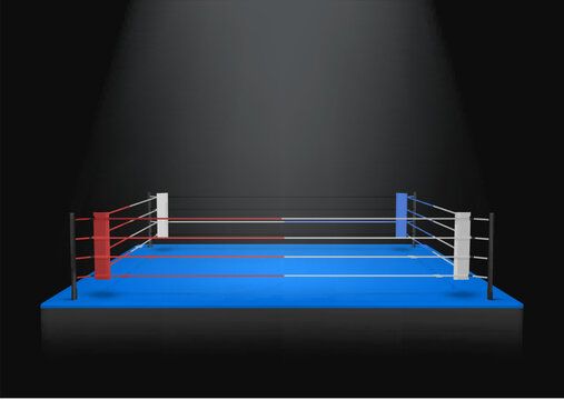 Empty boxing ring fighting red and blue corner arena with light on black background realistic vector