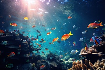 Fototapeta na wymiar Landscape with colorful fish and corals under the sea, marine life. Generative AI
