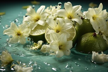 Lemons with flowers and water in the background, citrus and tropical fruit concept. Generative AI