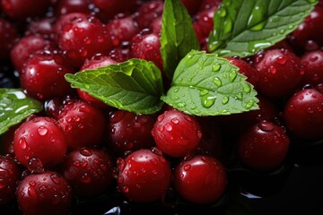 Background with Cranberries, leaves and water drops, tropical fruit concept. Generative AI