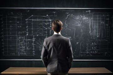Young university teacher looking at blackboard. Generative AI