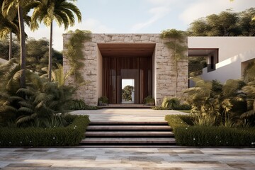 Fototapeta premium House facade with modern architecture, details with wood and vegetation. Generative AI