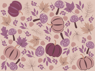 Autumn background illustration vector. Flat background of autumn. Autumn banner with orange leaves, pumpkin and mushroom.