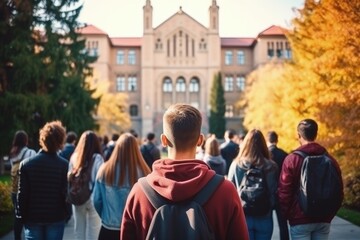 Young people in front of the university, academic life concept, digital illustration. Generative AI