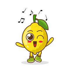 lemon Fruit cartoon mascot character Listening music. Cute lemon cartoon character dances to music