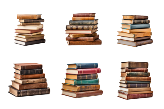 a pile of old books collection isolated on a transparent background