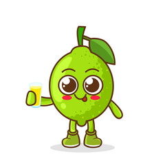 lime Fruit Cartoon Mascot Character Presenting And Holding Up A Glass Of Juice. Cute lime cartoon character holding a glass with juice.