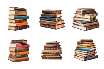 a pile of old books collection isolated on a transparent background